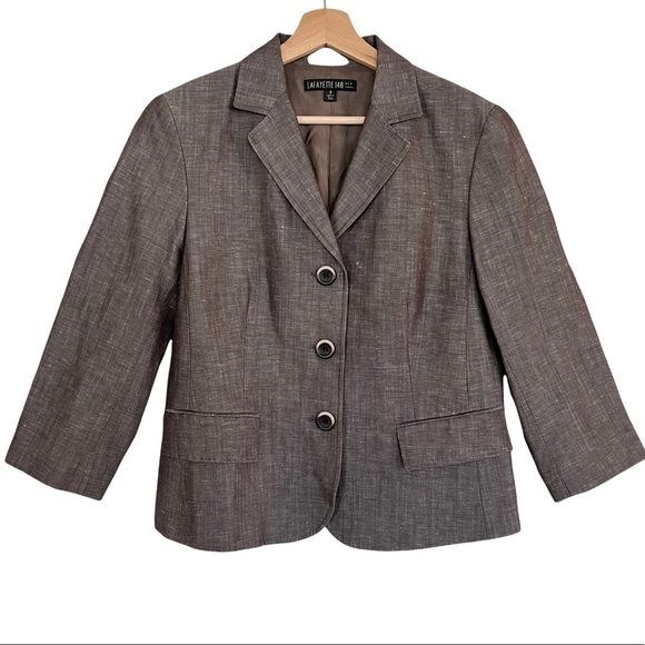 LAFAYETTE 148 NY Wool Linen Blend Single Breasted Brown Blazer Size 8 - Picture 3 of 6